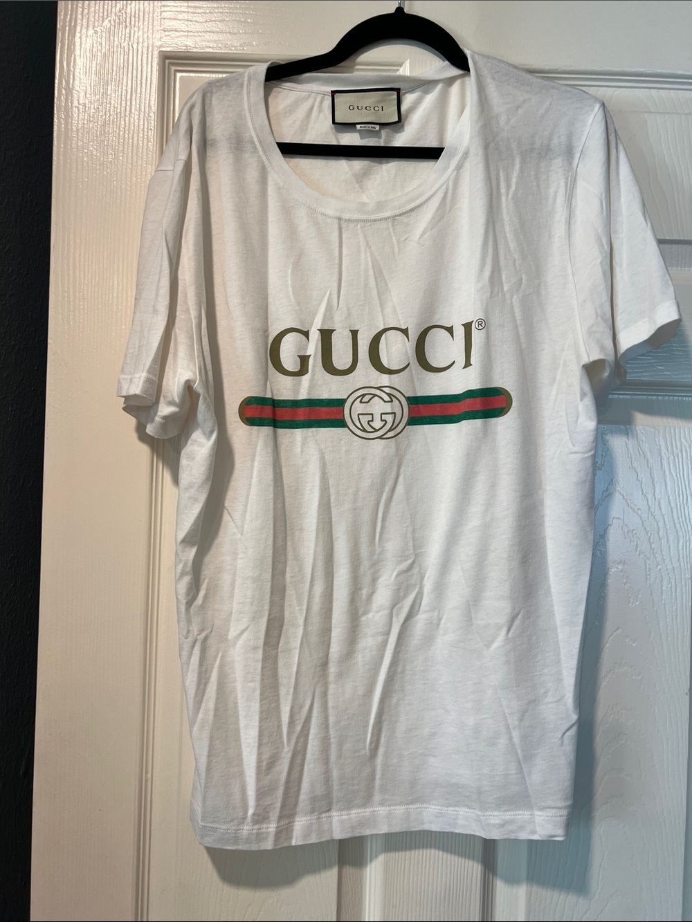 GUCCI White Tee with Gold Logo and Green-Red Stripe